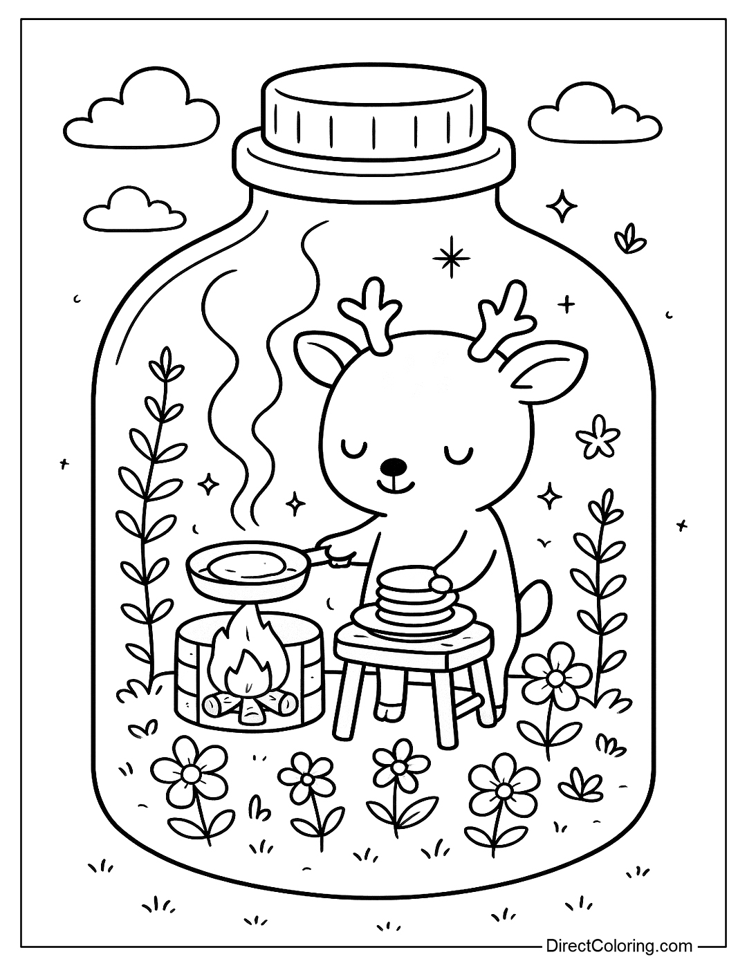 A Deer cooking in a jar, with wood stove, pancakes, smoke rising, flowers and decorative plants